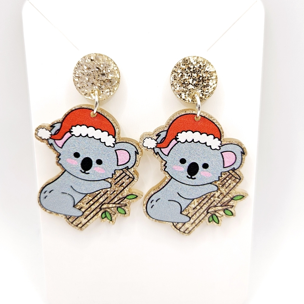 Christmas Koala Bear Post Dangle Earrings Santa Hat New
